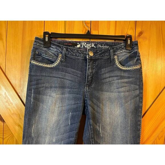 Rock 47 by Wrangler Low Rise Bootcut Dark Wash Jeans Distressed Size 32 READ (88 - Picture 2 of 8